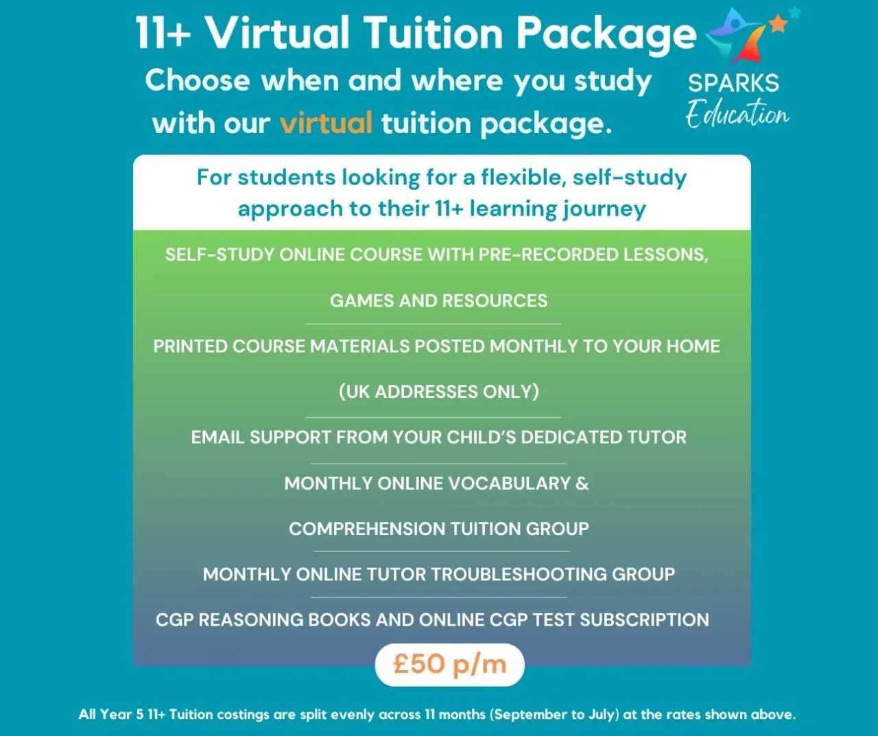 11+ Virtual Tuition Package overview showing self-study course, printed materials, email support, vocabulary group and CGP resources for £50 per month